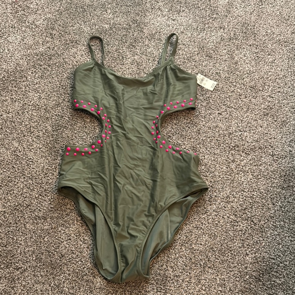 aerie Olive One-Piece Swimsuit with Pink Stud Details